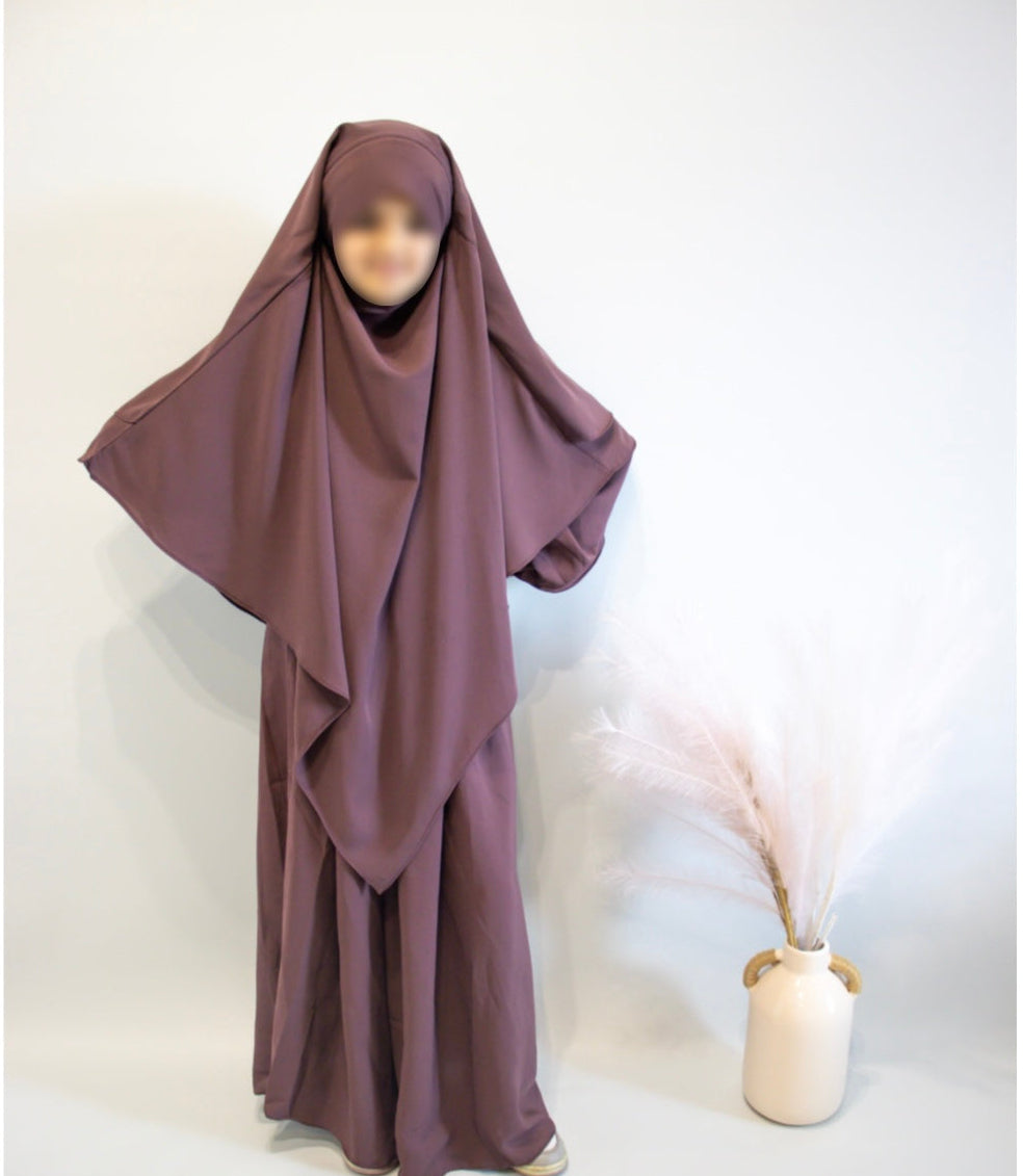 Purple abaya with matching hijab on a white background