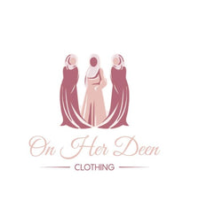 Logo of 'On Her Deen Clothing' featuring three women in hijabs on a white background.