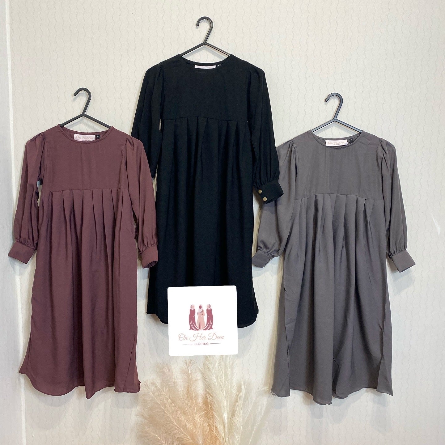 Toddlers Russian puff sleeve abayas in dusty rose , black and grey -OnHerDeen Clothing