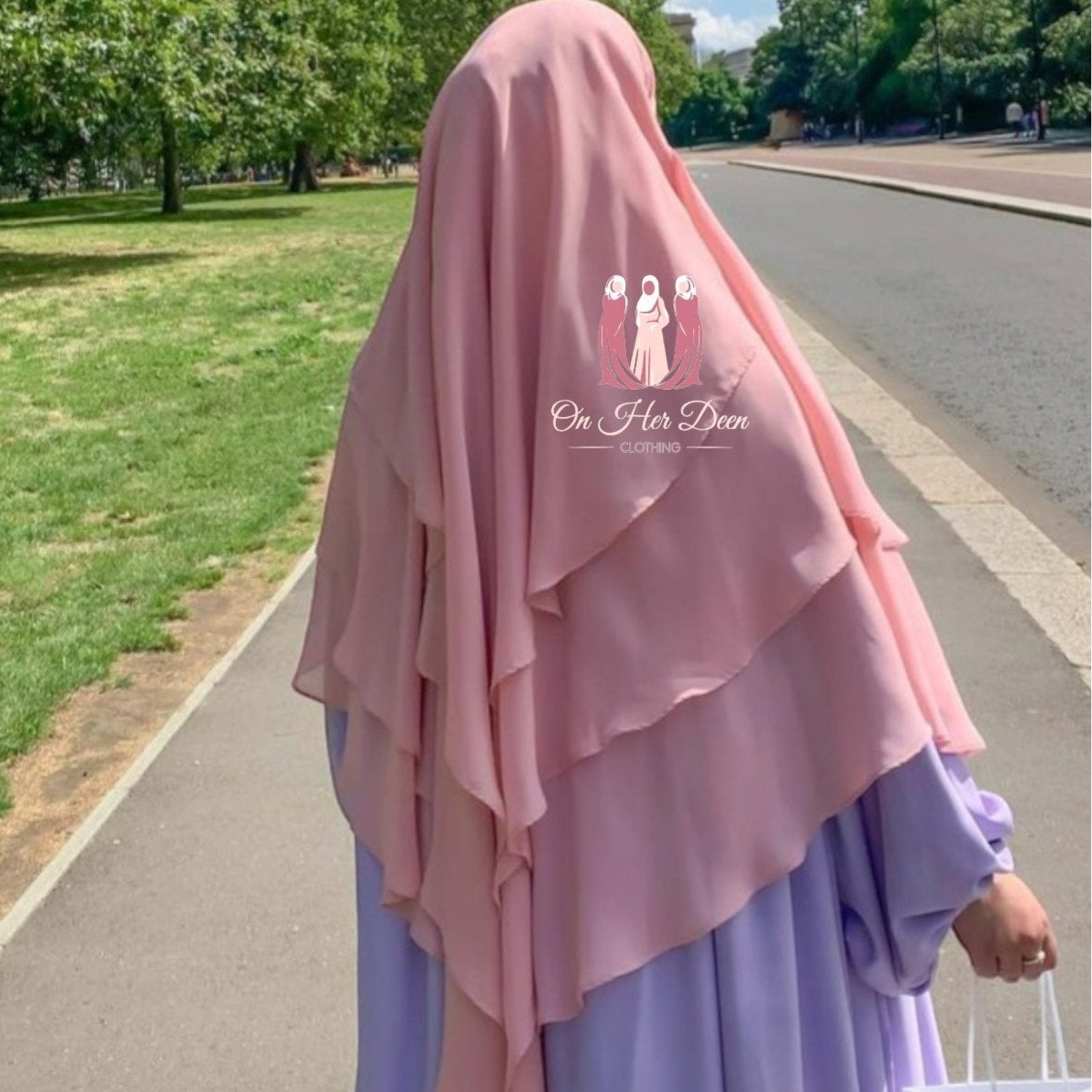 onherdeen clothing baby pink chiffon layered khimars hijab