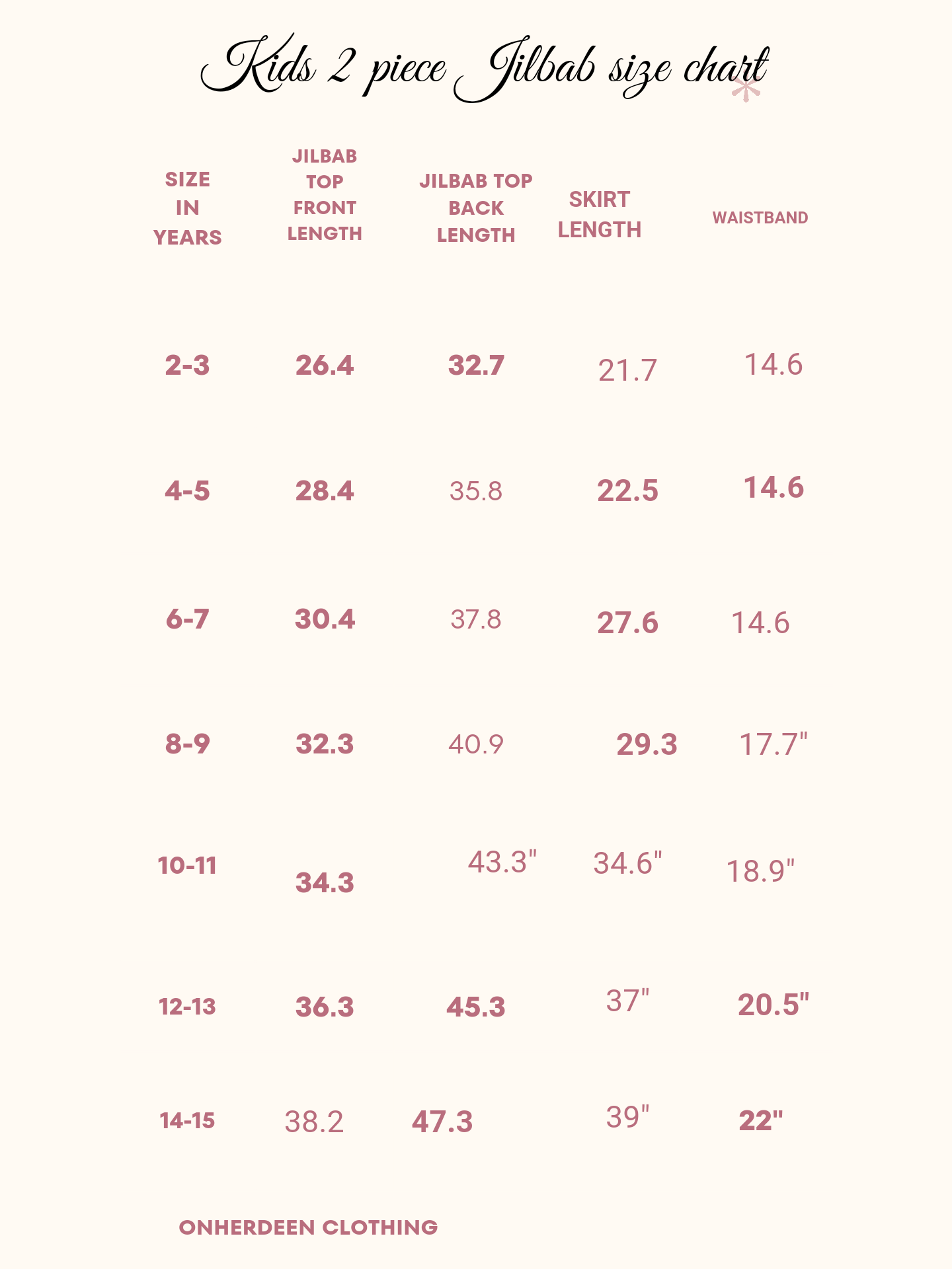 kids size chart 2 piece jilbab onherdeen clothing