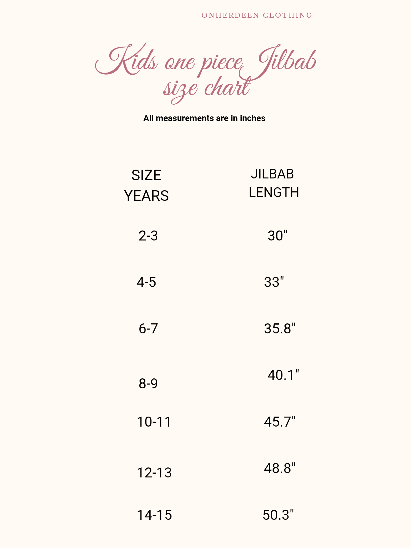 jilbab kids size chart onherdeen clothing