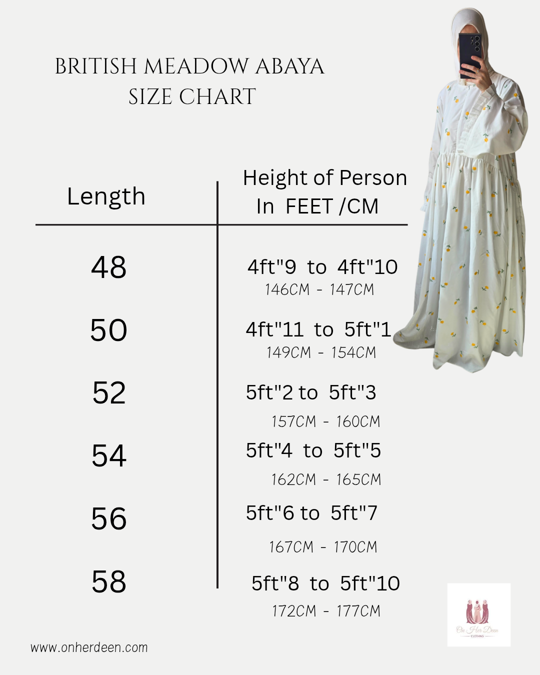 Size chart for British Meadow Abaya with height measurements for different length options.