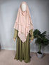 mannequin wearing a cream layered khimar with a sage green abaya on a white background 