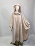 Beige hooded garment on a mannequin against a white background