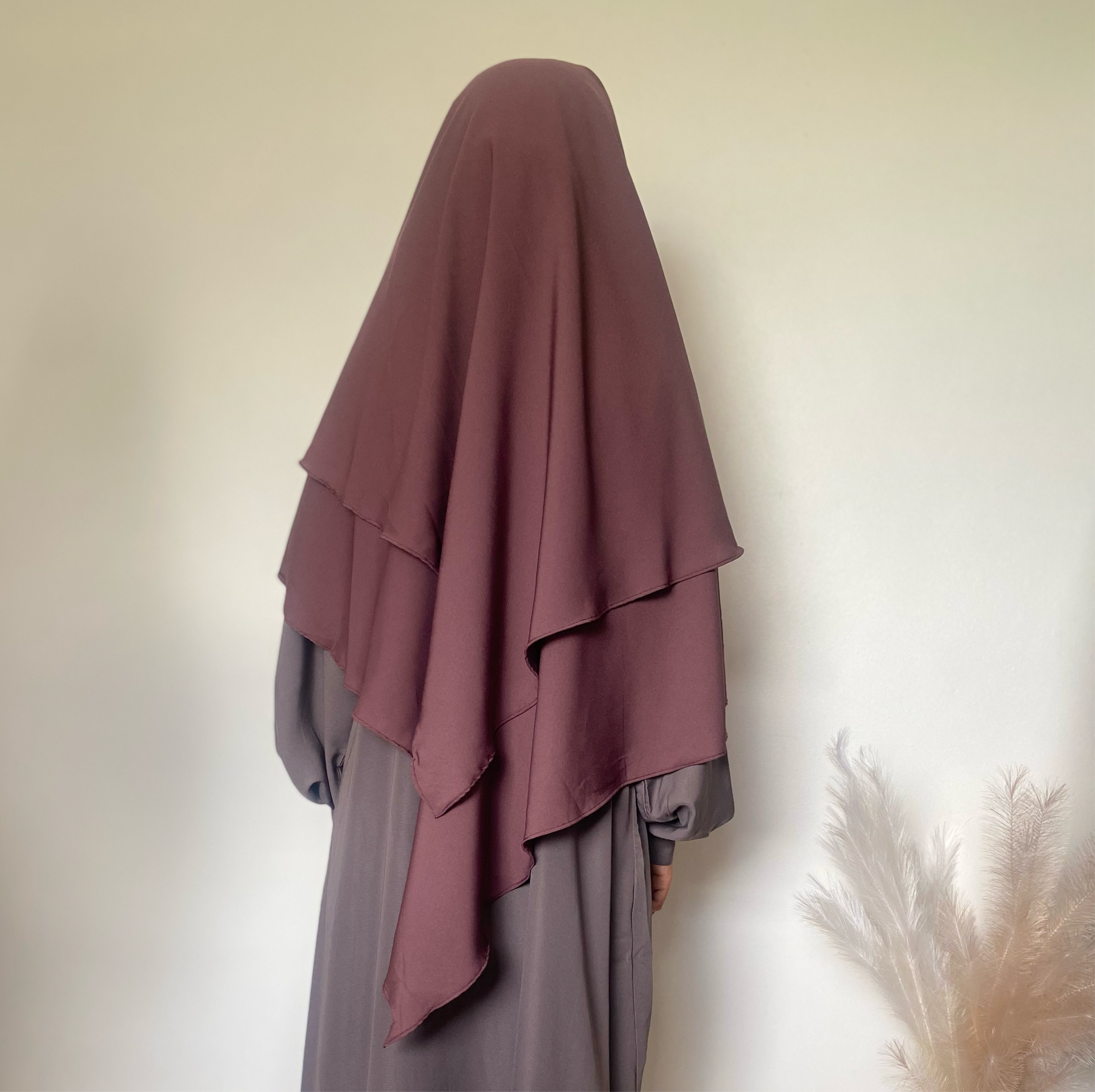 women in grey abaya  and dusky rose khimar 2 layer 