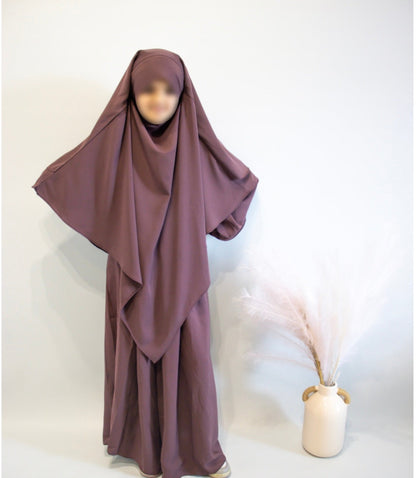 Purple abaya with matching hijab on a white background