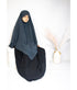Person wearing a teal blue hijab and black outfit on a white background