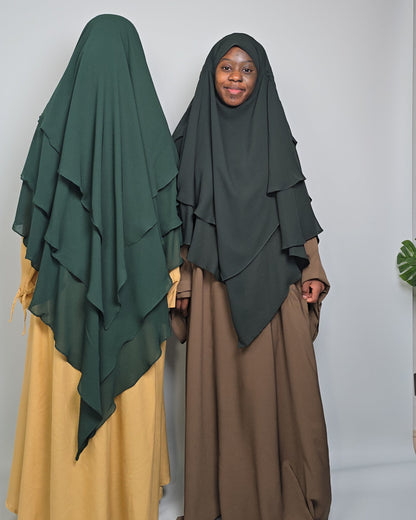 Person wearing a green and brown abaya on a white background