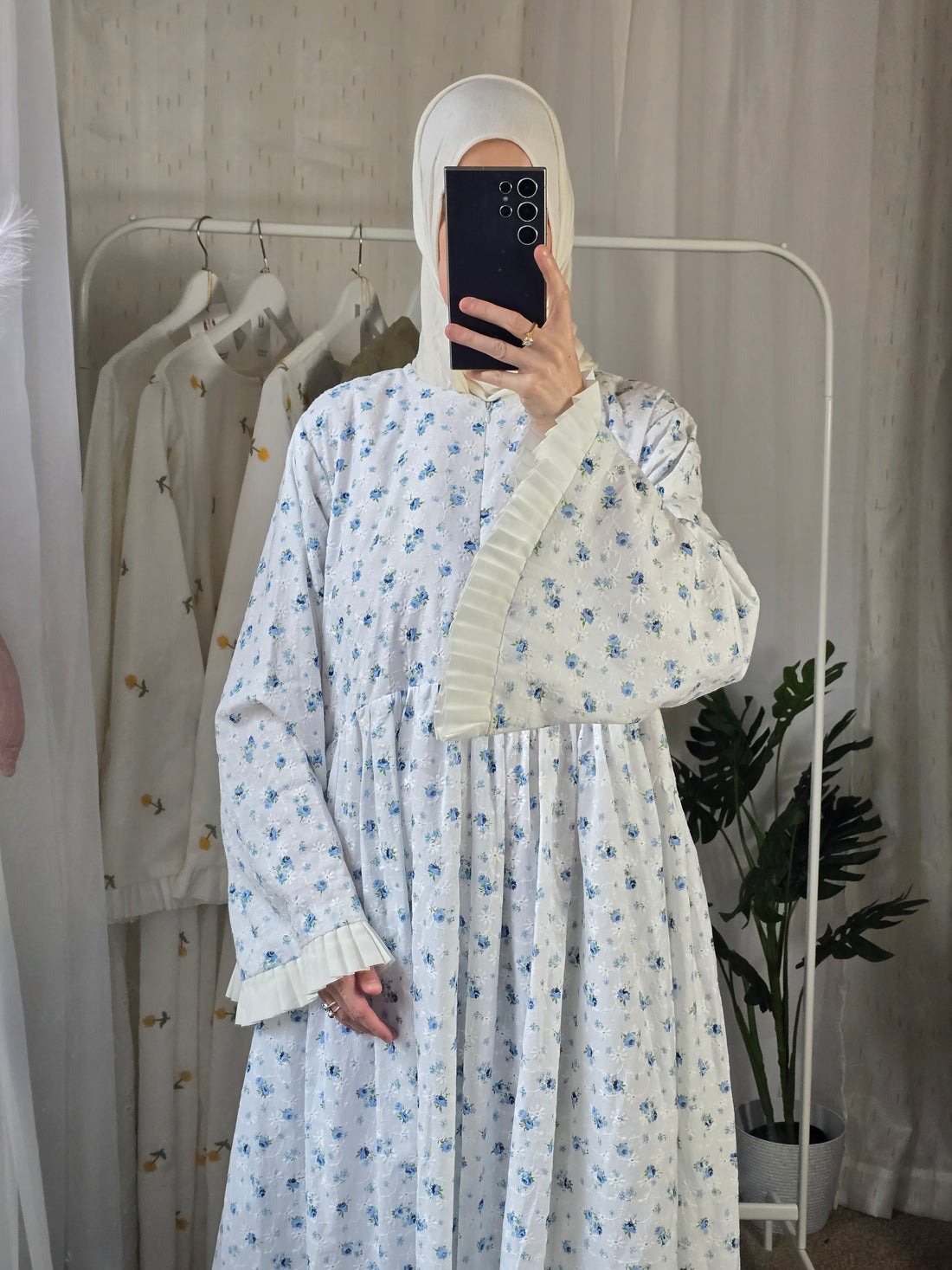 100% Eyelet Cotton Fully Lined Abaya wide sleeves with small pleated Ruffles 