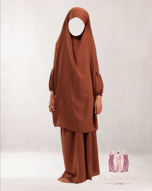 Girls Brown Two piece Jilbab/Prayer dress - OnHerDeen