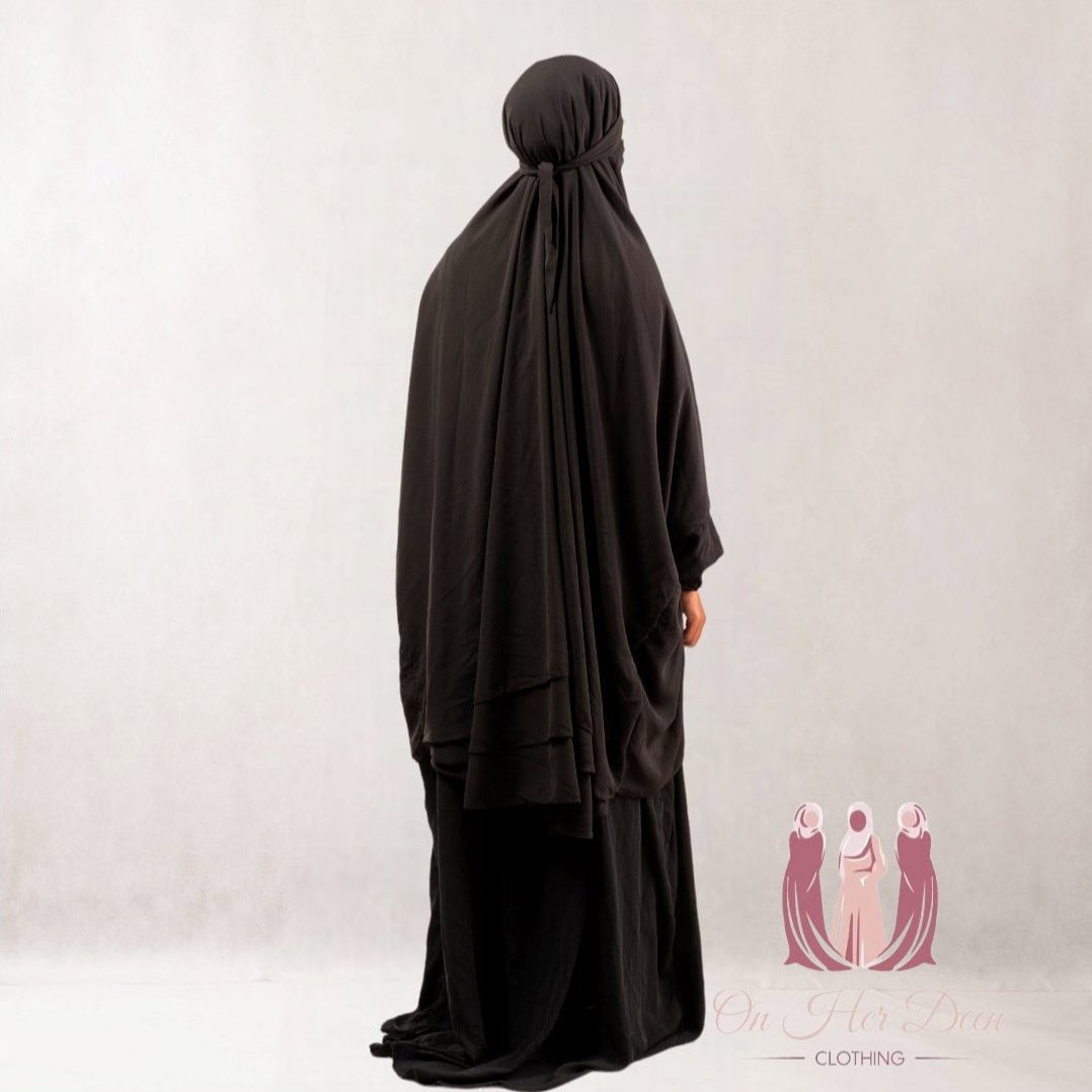 Ruffle sleeves Matte Black Two Piece Jilbab - OnHerDeen